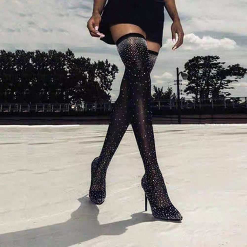 Black Rhinestone Thigh-High Boots EU 39